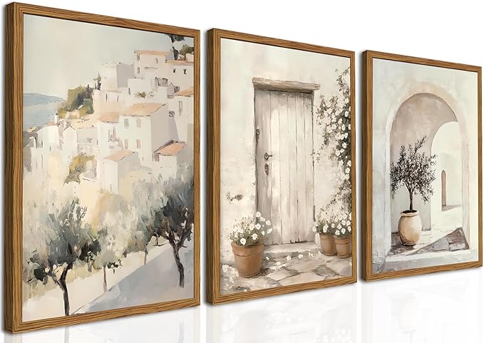 Framed Vintage Italian Wall Art Set of 3, Rustic Neutral Olive Tree Pictures Wall Decor, Mediterranean Farmhouse Landscape Paintings Canvas Prints Country Home Decor for Living Room Bedroom 16x24 inch