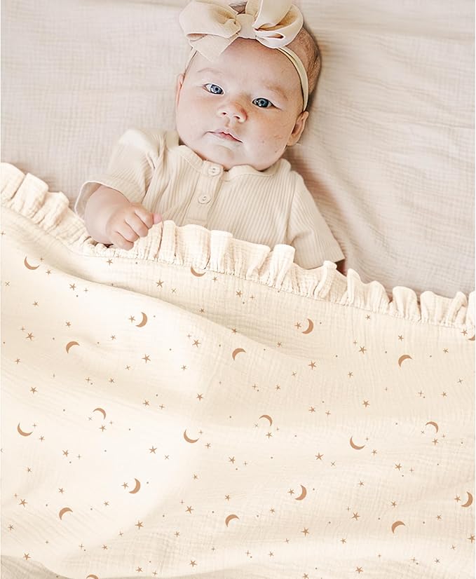 Konssy Flounce Muslin Baby Blanket for Girls Boys, 100% Cotton Soft Crib Swaddle Blankets, Reversible & Breathable Nursery Bedding for Newborns Toddlers, 40 x 36 Inches (Moon)