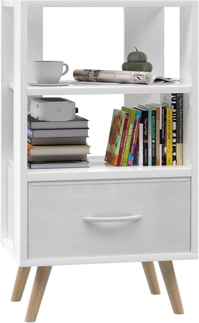 Night Stand, White Nightstand with Drawer, Side Table with Open Storage, 3-Tier Modern End Table, Bedside Table for Small Space, Living Room, Bedroom