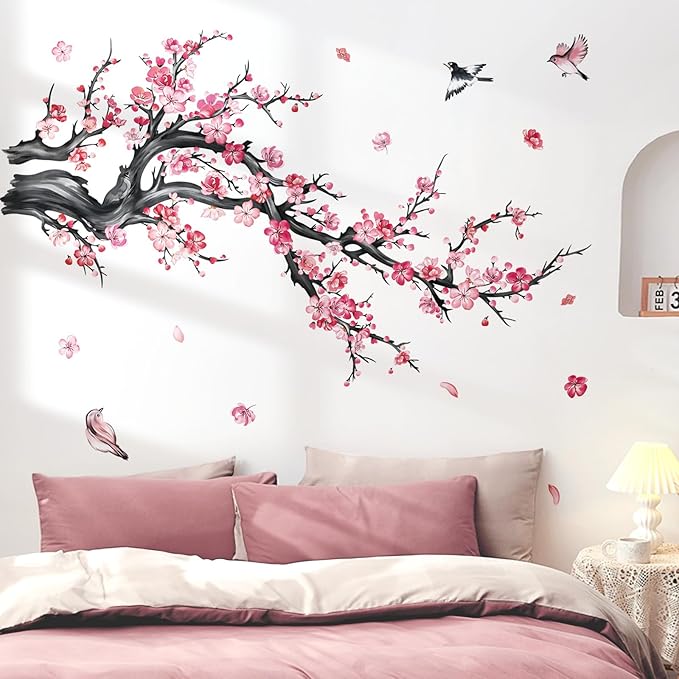 decalmile Pink Flower Branch Wall Decals Watercolor Blossom Floral Tree Branches Wall Stickers Living Room Bedroom Sofa TV Background Wall Decor