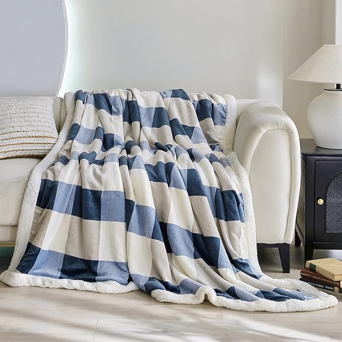 Sherpa Fleece Throw Blanket for Couch, Fluffy Plush Warm Fuzzy Blanket for Women and Men, Cozy Thick Soft Twin Blanket for Bed, Gray-Soft Blue, 80x90 Inches
