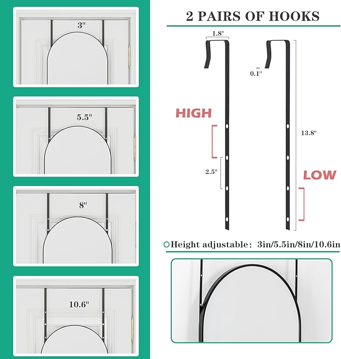 TinyTimes Over The Door Mirror Full Length, 48"x14"Door Hanging Mirror Full Length Arch Mirror, Behind The Door Wall Mirror, Back of Door for Closet Bedroom Living Room, Black