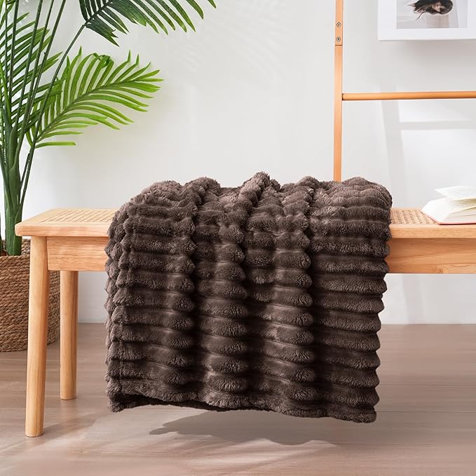 Vessia Flannel Fleece Brown Twin Blanket(60x80inch), 300GSM Striped Blanket for Adults and Kids, Super Soft Warm Cozy Lightweight Home Decor for All-Season