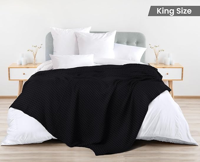 Utopia Bedding Black 100% Cotton Waffle Blanket 300 GSM [King - 90x108 Inch] Soft Lightweight Breathable Bed Blanket for All Season