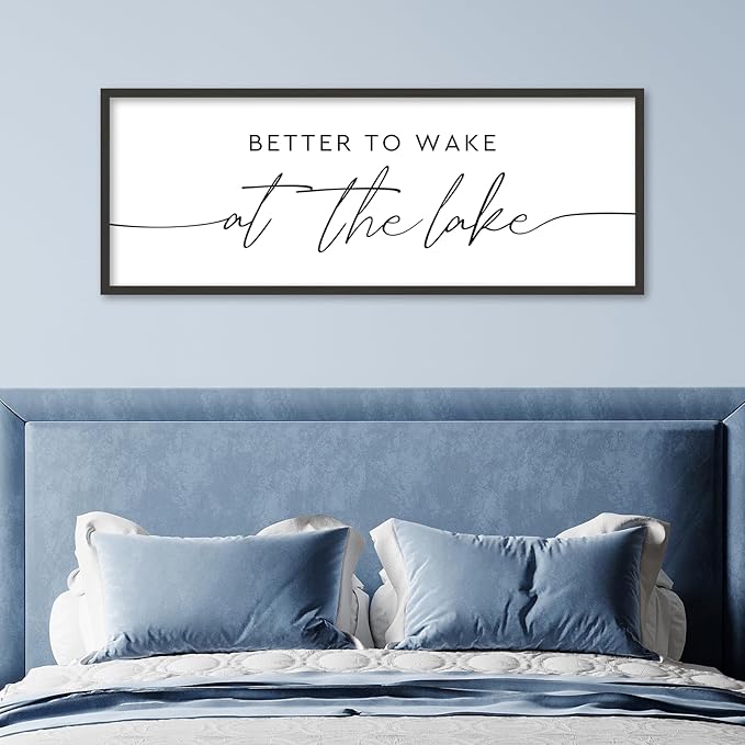 SRSZHIYUE Better To Wake At The Lake Wall Decor Above Bed Sign 40"×15" for Lake House Rustic Bedroom Over Bed Farmhouse Large Wood Framed Home Wall Hanging Art (Black)
