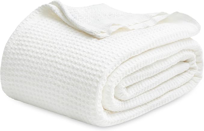 Bedsure Gentlesoft 100% Cotton Blanket King Size for Bed - Cooling Breathable and Soft for Spring Summer, Thick Cozy Waffle Weave Blanket Gifts for Women, White, 104x90 inches