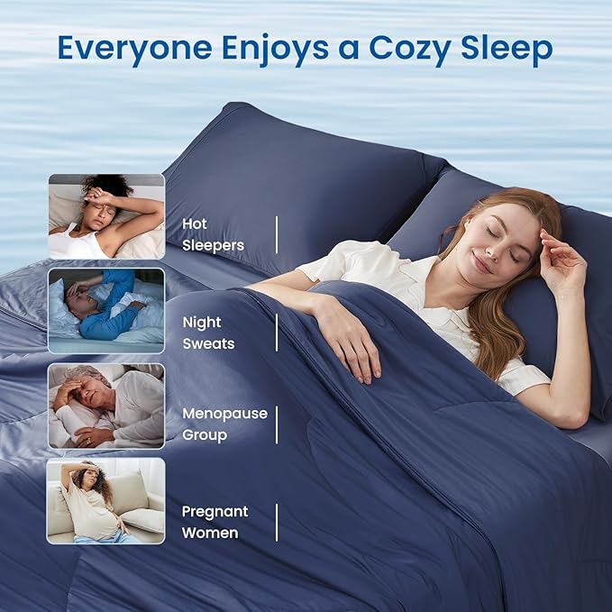 Cozy Bliss Cooling Comforter Twin Size, Reversible Lightweight Cooling Blankets for Hot Sleepers and Night Sweats, Q-Max>0.45 Soft Breathable Silky Smooth Summer Comforter, Dark Blue, 68"x90"