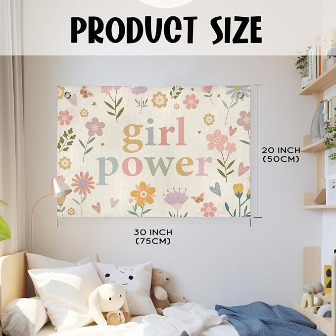 Girls Room Décor for Teen Girls, Wall Decor for Bedroom Motivational Inspirational Wall Art Girl Room Decoration for Kids Nursery, Cute Wildflower Floral Girl Power Banner
