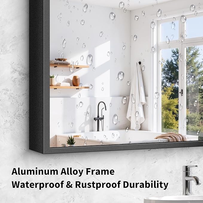 Koonmi Black Framed Bathroom Mirror - Shatterproof 30"x36" Tempered Glass, HD No Distortion, Horizontal/Vertical Mount, Modern Matte Aluminum Alloy Frame