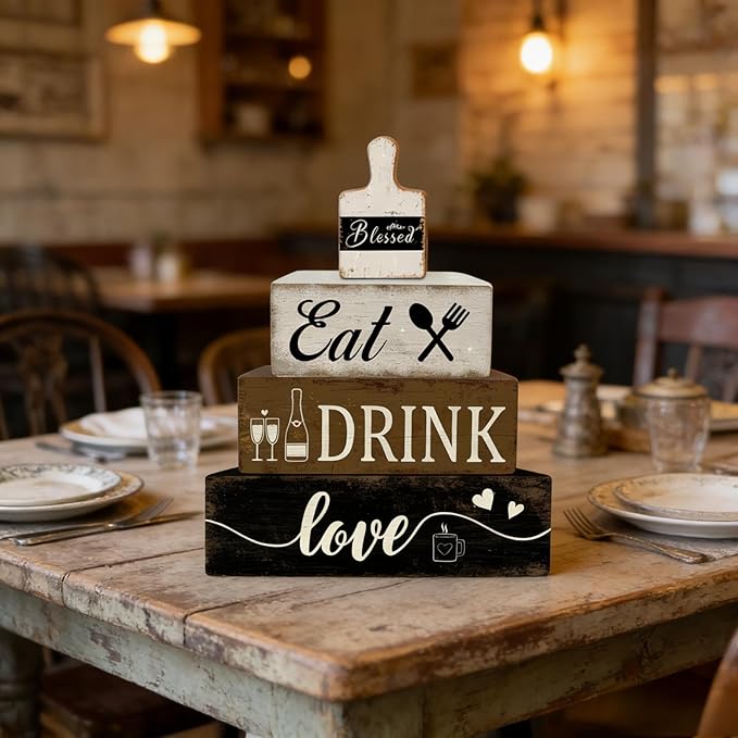 4 Pcs Farmhouse Kitchen Table Decoration Wooden Tiered Tray Decor Rustic Plate Tableware Centerpiece Block Sign for Kitchen Dinging Room Shelf Desk Decoration