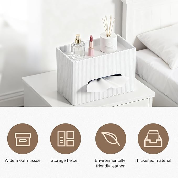 Rectangular Tissue Box Holder with Storage Tray - Large PU Leather Tissue Box Cover, White, Suitable for Bathroom, Nightstand, Office
