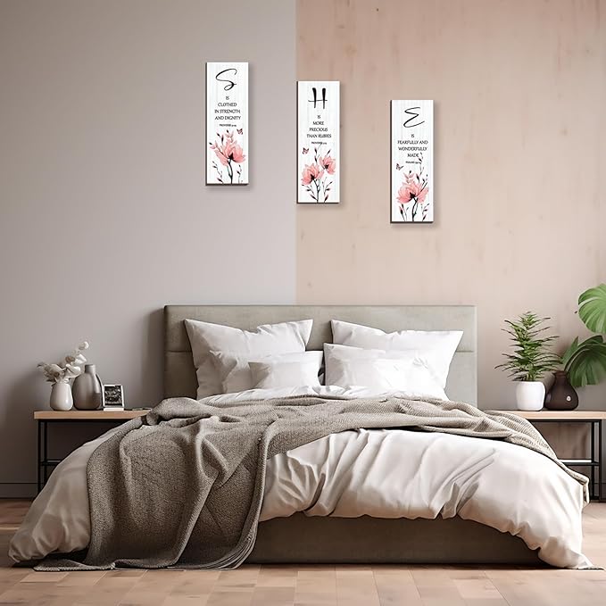 DONFENTHY 3 Pieces Inspirational Pink Floral Wall Decor Wooden Hanging Wall Art Christian Quotes SHE Word Sign Gift for Girl Teen Women Bedroom Bathroom Living Room Nursery Office (Pink 12x4 Inch)