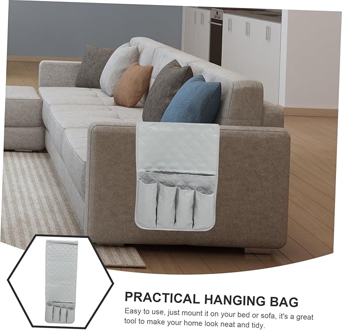 Amosfun Compact Hanging Storage Pouch Organizer for Sofa and Bed Practical Bedside Bag for Phone Chargers Books Water Bottle Versatile Grey Storage for Home and Dorm Use