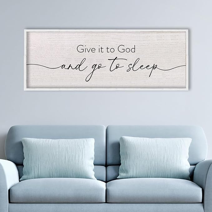 LuZhiQiang Catholic Wall Decor 40"×15" Give It To God And Go To Sleep Sign for Master Bedroom Above Over Bed Religious Faith Home Art Rustic Large Wood Framed Hanging (White)