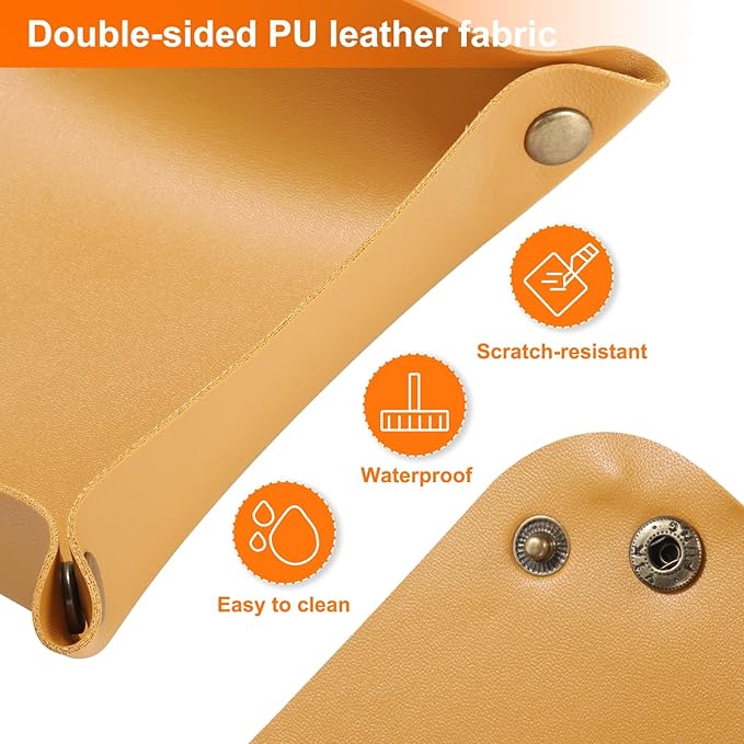 HARFINGTON 2pcs PU Leather Valet Tray Unisex Folding Small Catchall Tray Portable Entryway Table Tray Nightstand Bedside Desk Tray for Key Wallet Watch Coin Jewelry Dice, Yellow