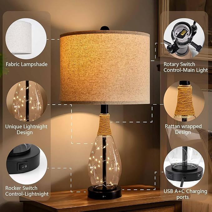 OYEARS Bedside Table Lamp with USB, 23‘’ Black Farmhouse Nightstand Lamps for Bedroom, Retro Rattan Table Lamps for Night Stands, Living Room, Farmhouse Table Lamp with Glass Nightlight Lamps