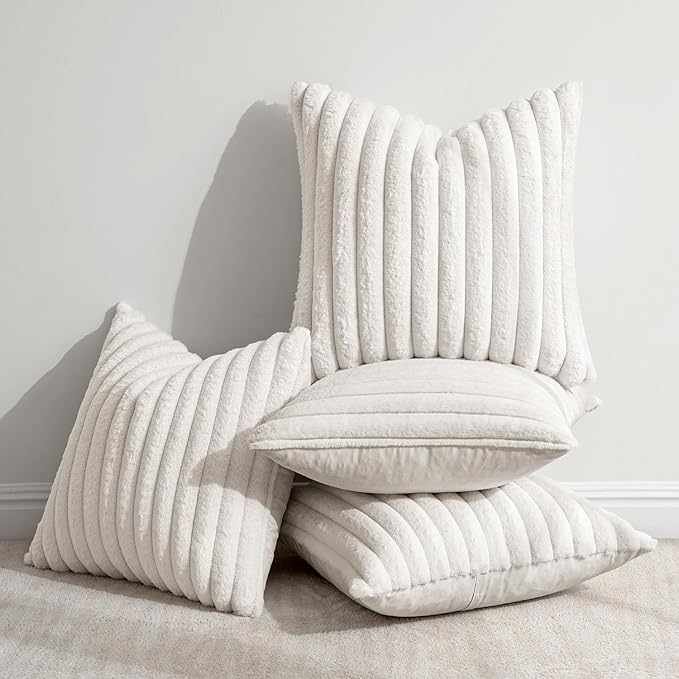MIULEE Faux Fur Plush Decorative Throw Pillow Covers 18x18 Set of 4, Spring Modern Soft Fuzzy Striped Cushion Covers for Spring Sofa Couch Bed Living Room Cozy Home Decor,Pure White