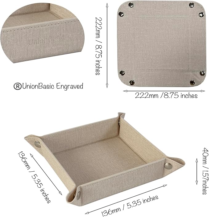 UnionBasic Small Valet Tray, Jewelry Tray for Rings Watches Earrings, Entryway Catchall Caddy for Coins Keys Change, Nightstand Bedside Valet Holder, Trays for Electronic Gadgets, Beige