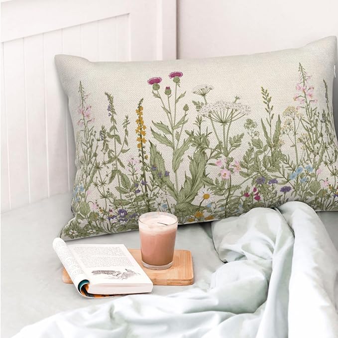 AEIOAE Sage Green Pillow Covers 12x20 Inch Set of 2, Spring Wildflower Plant Throw Pillows Case,Seasonal Floral Outdoor Decorative Flowers Farmhouse Decor Cushion Covers for Home Sofa Bed Couch