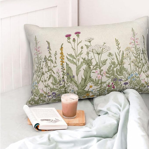 AEIOAE Sage Green Pillow Covers 12x20 Inch Set of 2, Spring Wildflower Plant Throw Pillows Case,Seasonal Floral Outdoor Decorative Flowers Farmhouse Decor Cushion Covers for Home Sofa Bed Couch