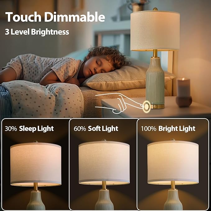 24.5" Modern 3-Way Dimmable Touch Control with 5FT Cord and USB A+C Ceramic Lamps Set of 2 Table Lamp for Living Room Bedroom Farmhouse Nightstand Bedside Green