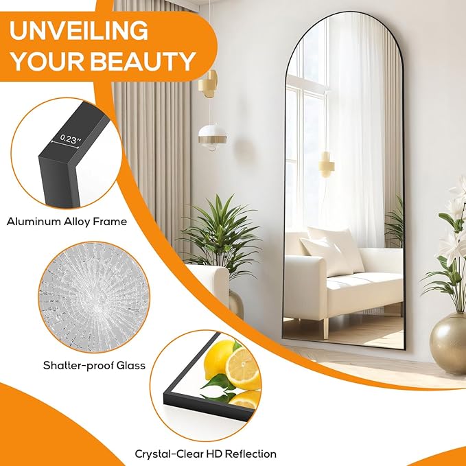 Mirror Full Length, Upgraded Body Wall Mirrors with Shatter-Proof Glass, Floor Standing, Hanging or Leaning, Tall Mirror with Stand Aluminum Alloy Frame for Bedroom Cloakroom