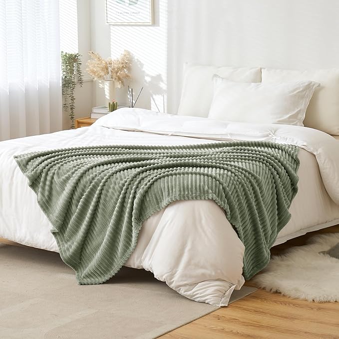 MIULEE Sage Throw Blanket 3D Ribbed Jacquard Fleece Flannel Velvet Plush Decorative Bed Blanket (Throw, 50" x 60") - Super Soft, Lightweight, Warm and Cozy for Couch Sofa