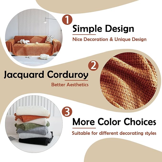 HANDONTIME Brunt Orange Couch Covers for 3 Cushion Couch Sofa Washable Corduroy Jacquard Sofa Slipcovers Caramel Couch Cover for Kids Soft Chenille Sofa Covers Couch Cover Blanket Thick, 91" X134"