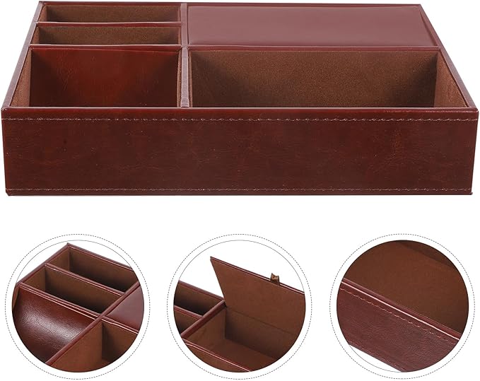 Beaupretty Brown Faux Leather Jewelry Storage Box with Multiple Compartments, Nightstand Organizer for Rings, Watches, Wallets, and Phones, Retro Style Jewelry Holder for Bedroom and Dresser