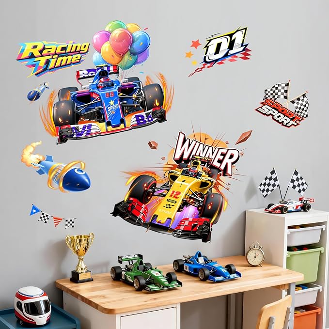 2 Racing Car Wall Decals for Boys Room Decor - Speeding Race Car Wall Stickers for Kids Toddles Teens Bedroom Nursery Playroom Classroom Decor