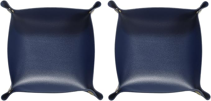 HARFINGTON 2pcs PU Leather Valet Tray Unisex Folding Small Catchall Tray Portable Entryway Table Tray Nightstand Bedside Desk Tray for Key Wallet Watch Coin Jewelry Dice, Dark Blue