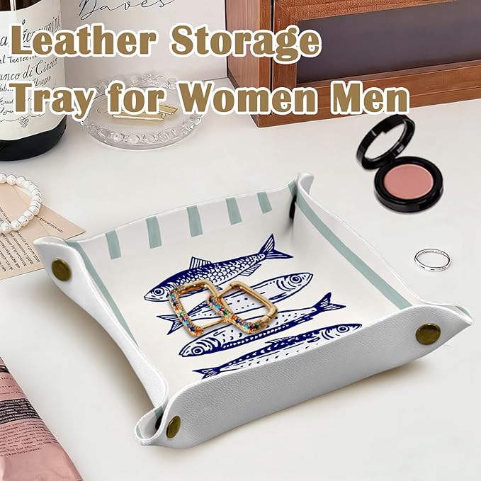Coastal Beach Sardine Fish Jewelry Valet Tray for Women, Fish Gifts PU Leather Catchall Beside Caddy Nightstand Organizer Tray for Jewelry Rings Watches Keys and Accessories, 7.87x7.87in