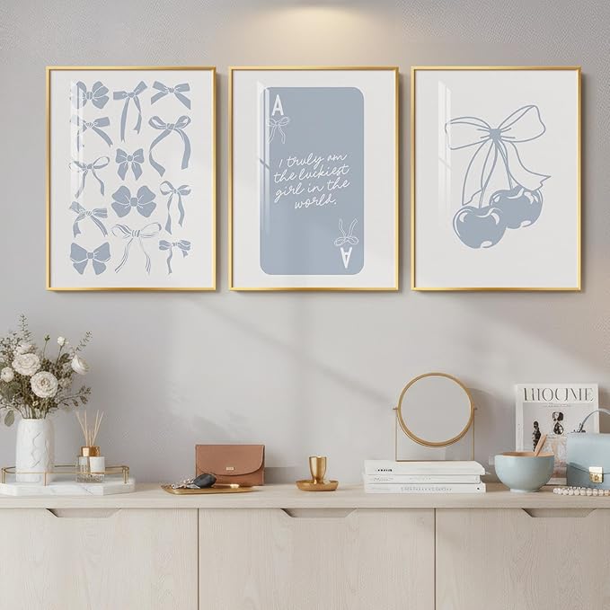 Framed Preppy Blue Wall Art for Room Decor, 3 Piece Bow Cherry Girly Artwork for Walls, Cute Aesthetic Blue Canvas Prints for Girls Bedroom Living Room Girly Room Apartment Wall Decor, 12x16 Inch