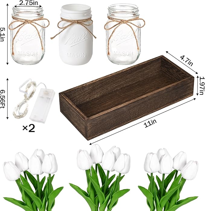 BLEUM CADE Centerpiece Table Decorations - Mason Jar Lights Centerpiece for Kitchen Dining Table Farmhouse Coffee Table Wedding Home Decor with 3 Jars Tulips Artificial Flowers & Wood Tray