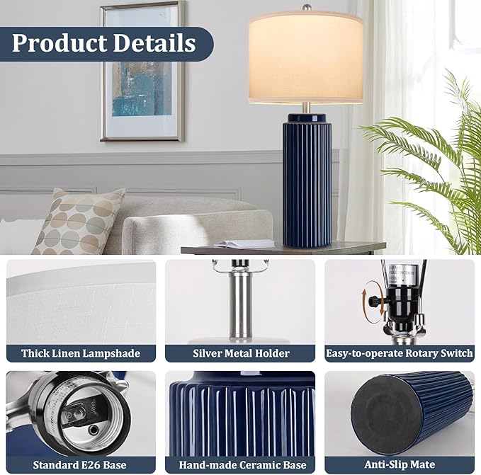 28’’ Modern Ceramic Table Lamps for Living Room Set of 2, Tall Farmhouse Bedside Lamps with Linen Shade, Dark Blue Rustic Nightstand Lamps for Bedroom, Vintage End Table Lamps for Office Hallway