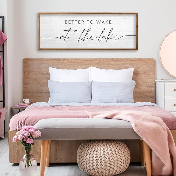 TQianJiang Lake House Decor Better To Wake At The Lake Sign 40"×15" for Bedroom Above Over Bed Large Country Home Cabin Farmhouse Rustic Quote Wood Framed Wall Hanging Art (Wood)