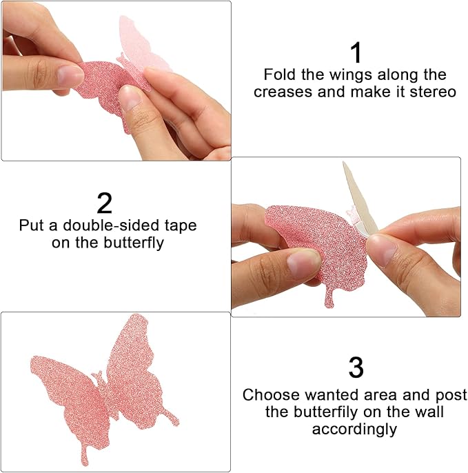 BBTO 48 Pieces Butterfly Wall Decor DIY 3D Mirror Butterfly Stickers Removable Decals Crafts for Birthday Party Bedroom School Bathroom Living Room Decor(Glitter Pink)