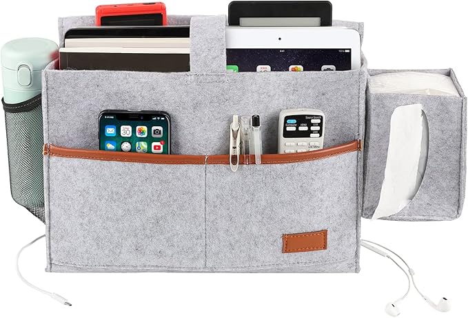 Surblue Bedside Caddy Felt Bed Storage Organizer Hanging Bag with Tissue Box and Water Bottle Pocket for Mattress, Sofa, Bunk Bed, Light Gray