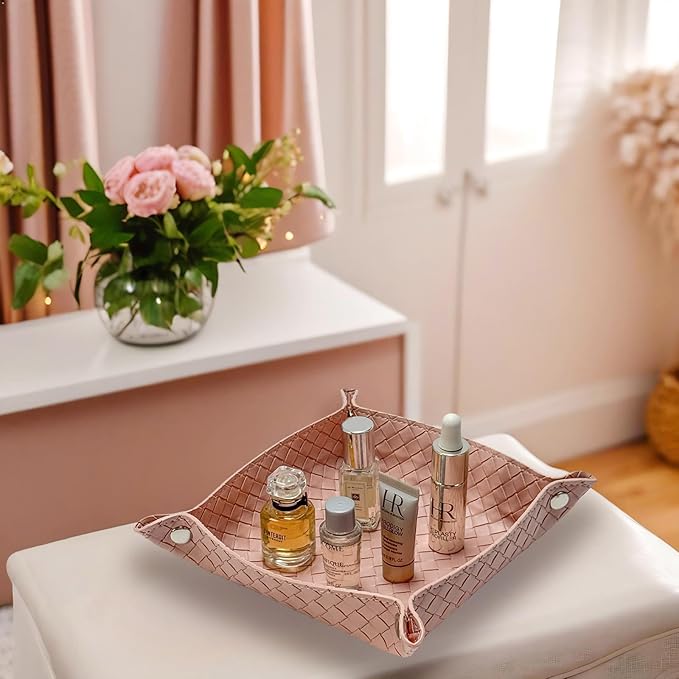 UnionBasic Small Valet Tray, Jewelry Tray for Rings Watches Earrings, Entryway Catchall Caddy for Coins Keys Change, Nightstand Bedside Valet Holder, Trays for Electronic Gadgets, Woven Pink