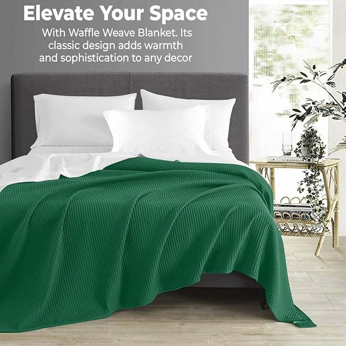 100% Cotton Blankets for Bed - Waffle Weave Blankets for Summer, Lightweight and Breathable Soft Woven Blanket for Spring (Dark Green, Throw (50" x 60"))
