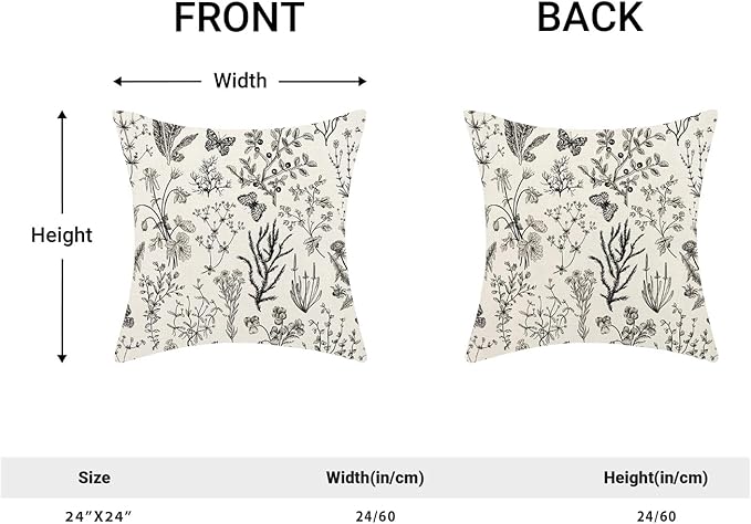 AEIOAE Spring Pillow Covers 24x24 Inch Set of 2,Black Gray Wild Flower Plant Throw Pillows Case,Seasonal Floral Outdoor Decorative Square Linen Farmhouse Decor Cushion Covers for Home Sofa Bed Couch