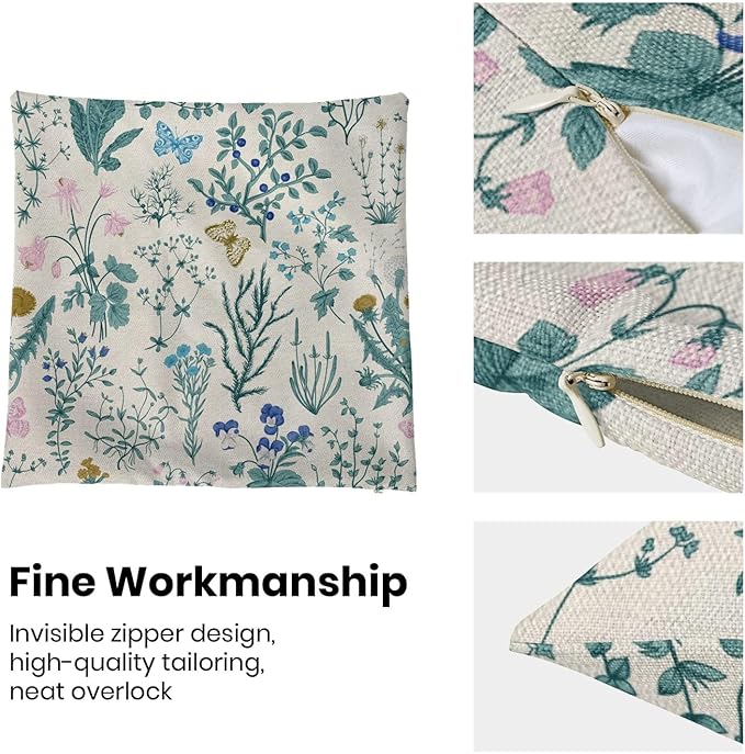 AEIOAE Spring Pillow Covers 24x24 Inch Set of 2,Blue Teal Wild Flower Plant Throw Pillows Case,Seasonal Floral Outdoor Decorative Square Linen Farmhouse Decor Cushion Covers for Home Sofa Bed Couch