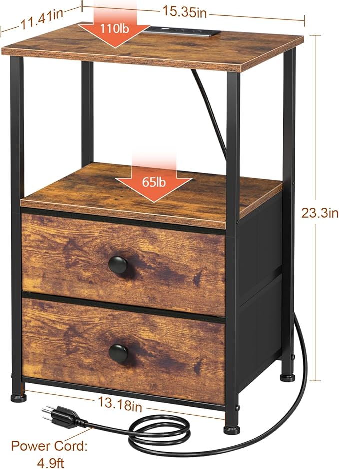 Night Stand Set 2, LED Nightstand with Charging Station, End Tables with Storage Shelf, Bedside Table with 2 Fabric Drawers for Bedroom, Small Spaces, Rustic Brown HETS02PBR