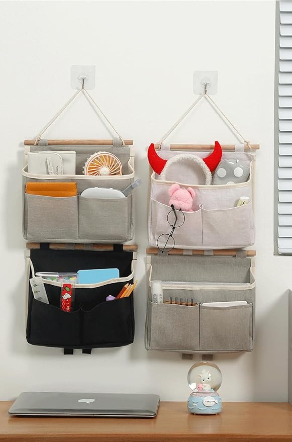 2 Pack Wall Organizer Hanging Basket Wall Storage Bag with Hooks, Linen-Cotton Over The Door Pouch Waterproof Bedside Closet Organizer Bags for Kitchen, Bedroom, Bathroom, Dorm, RV Camper