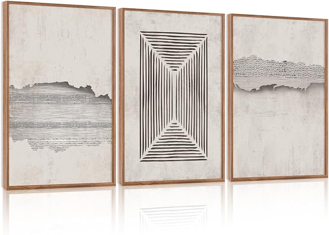 CHDITB Abstract Minimalist Framed Canvas Wall Art Set Of 3, Modern Mid Century Wall Decor, Geometric Line Textured Inspired Artwork, Neutral Art Print For Living Room Office Bedroom Decor (12X16 Inch)