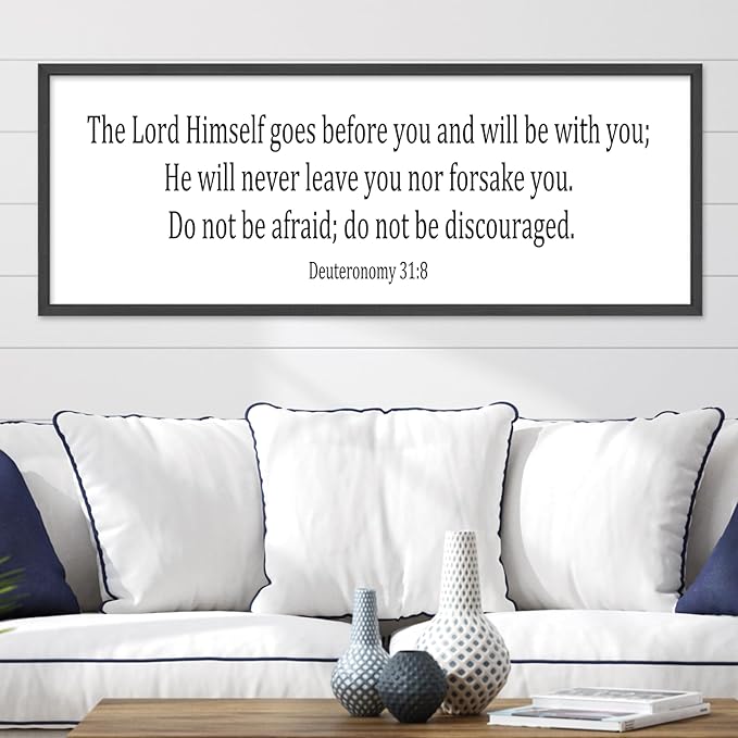 Christian Wall Decor The Lord Himself Will Go Before You He Will Be With You Deuteronomy 3:18 Sign 32"×12" Bible Verse Scripture Sign Large Rustic Wall Hanging Art (Black)
