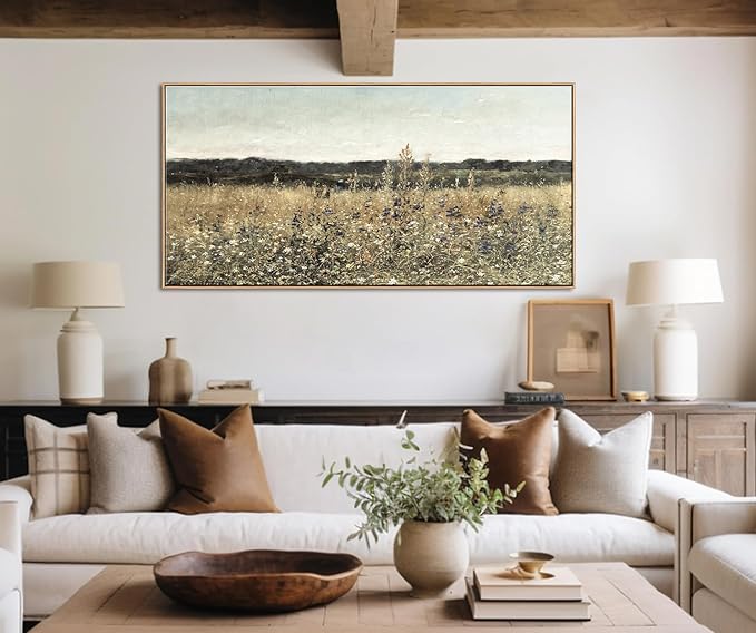 DJSYLIFE Extra Large Framed Canvas Wall Art Oversized Vintage Wildflower Field Landscape Painting Prints Classical Flowers Pictures for Farmhouse Living Room Bedroom Wall Decor 29.52 x 57.87 Inch