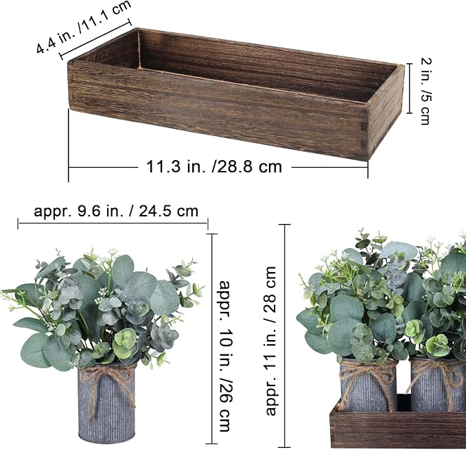 Set of 3 Farmhouse Galvanized Metal Pots Centerpiece Artificial Silver Dollar Eucalyptus Greenery Arrangement with Rectangle Wood Box for Table Desk Shelf Mantel Home Kitchen Indoor Decoration Gifts
