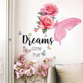 Pink Rose Butterfly Inspirational Quotes Wall Stickers, sacinora DIY Dreams Come True Wall Decals Removable Vinyl Peel and Stick for Living Room Bedroom Kids Baby Nursery Art Decorations
