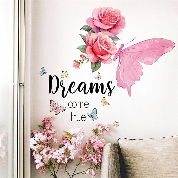 Pink Rose Butterfly Inspirational Quotes Wall Stickers, sacinora DIY Dreams Come True Wall Decals Removable Vinyl Peel and Stick for Living Room Bedroom Kids Baby Nursery Art Decorations
